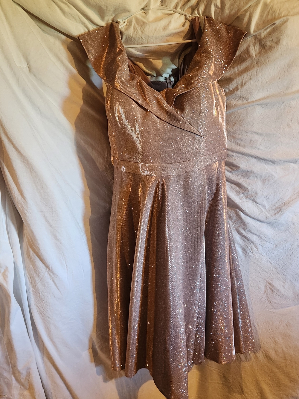 Xscape Shimmering Rose Gold A-Line Prom Dress